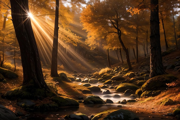 秋の写真 山の森 森の川 茂みの石 太陽の光 壁紙