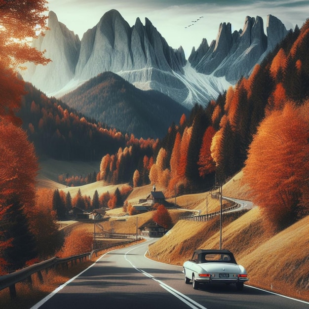 photo autumn themed country road with mountain range concept