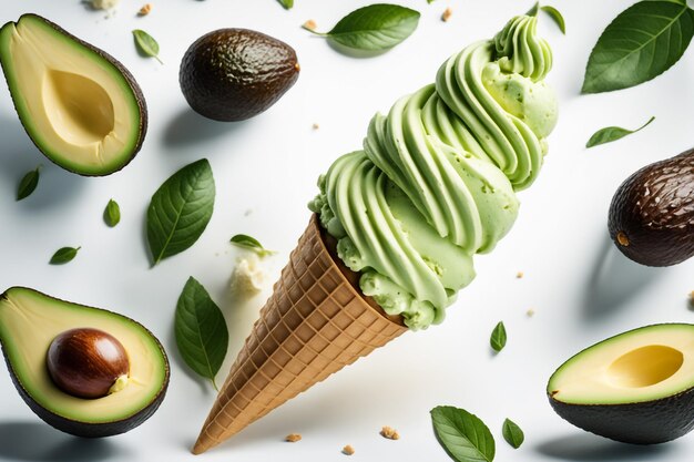 Photo avocado ice cream cone isolate on white background