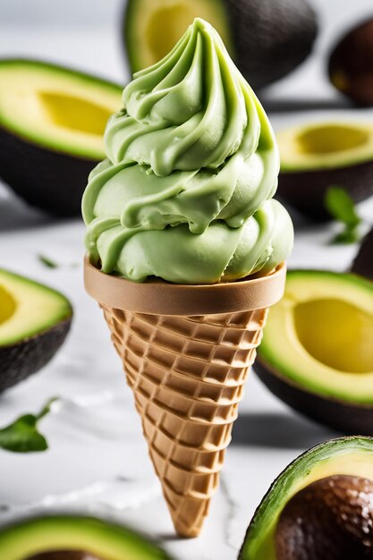 Photo avocado ice cream cone isolate on white background