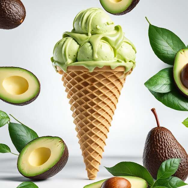 Photo photo avocado ice cream cone isolate on white background