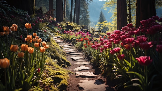 photo awesome tulip garden with footpath