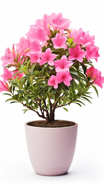 Photo of Azalea flower in pot isolated on white background