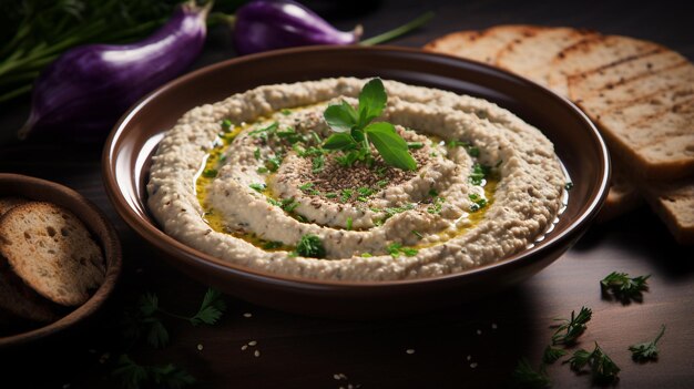 Foto foto di baba ghanoush come piatto in un ristorante di lusso