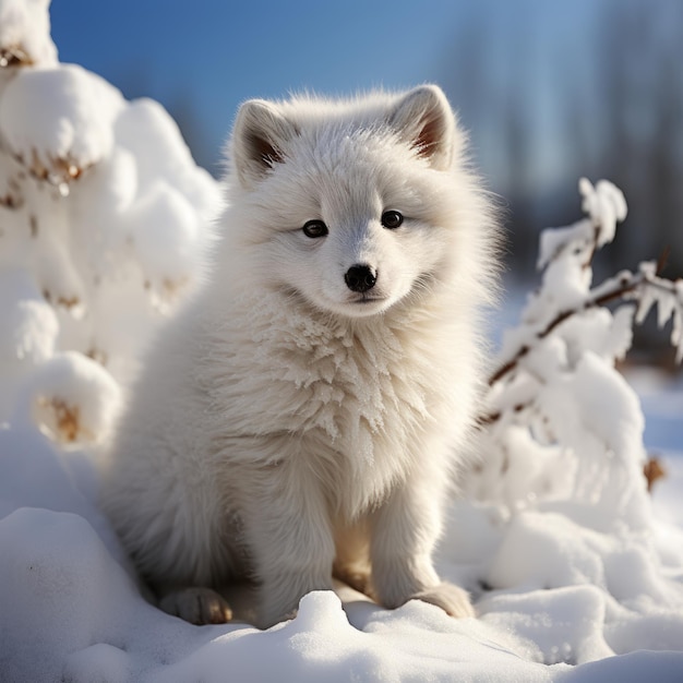 Photo of a baby arctic fox with a pristine white coat Generative AI