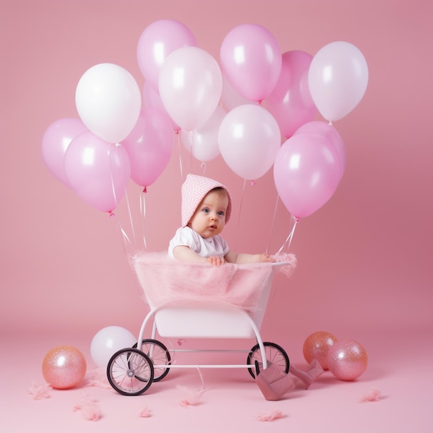 Photo a baby carriage is on a pink and white background 15