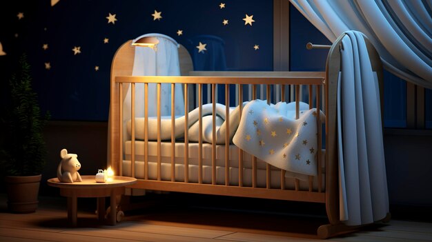 A photo of a baby crib with a mobile