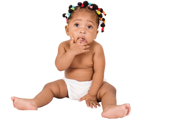 Photo of a baby girl sitting with her finger in her mouth and looking at the camera