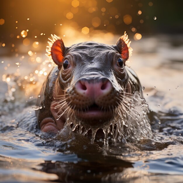 川で水しぶきを上げるカバの赤ちゃんの写真 生成 AI