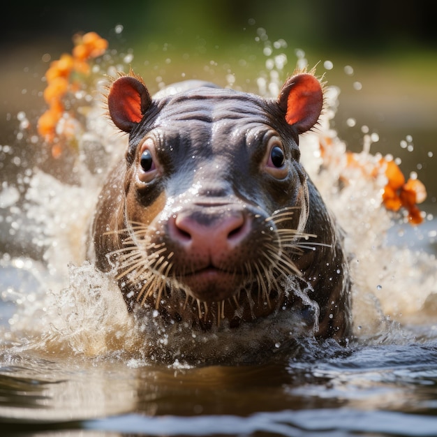 川で水しぶきを上げるカバの赤ちゃんの写真 生成 AI