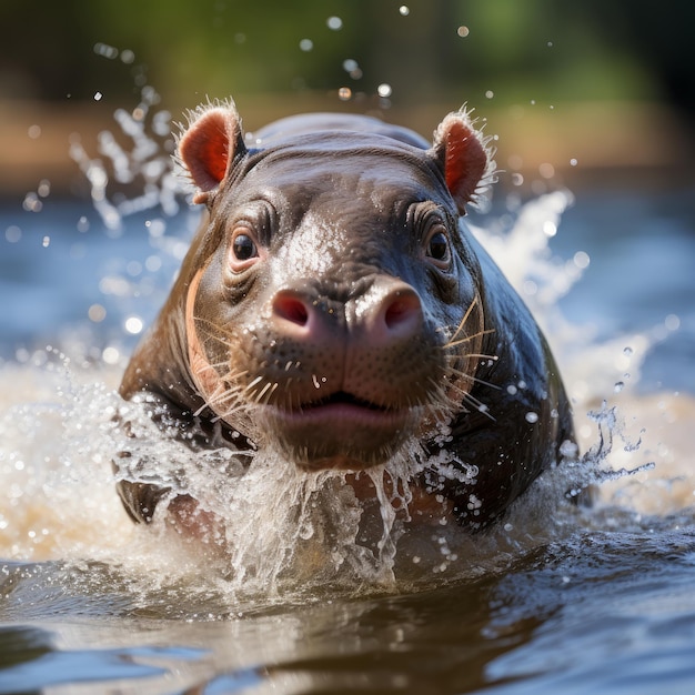 川で水しぶきを上げるカバの赤ちゃんの写真 生成 AI