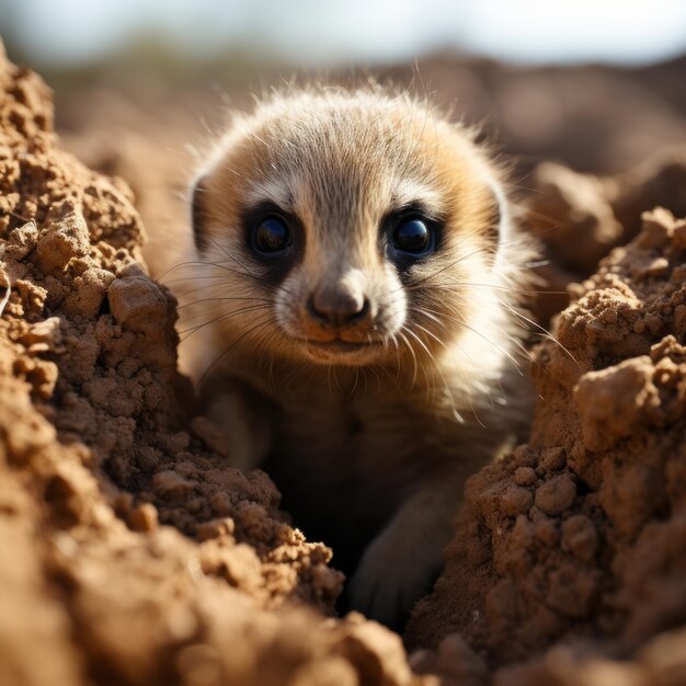 Photo photo of a baby meerkat standing guard over its burrow