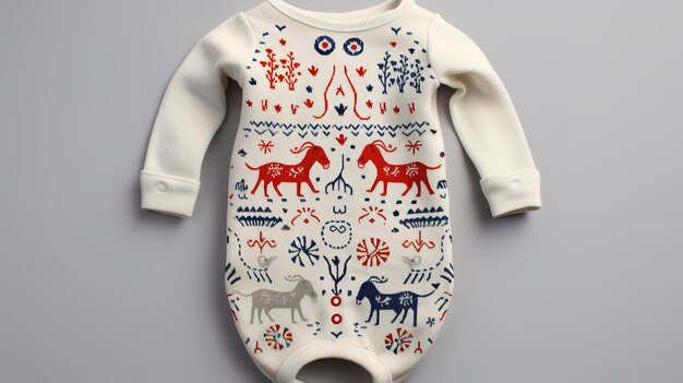 A photo of a baby onesie with a whimsical pattern