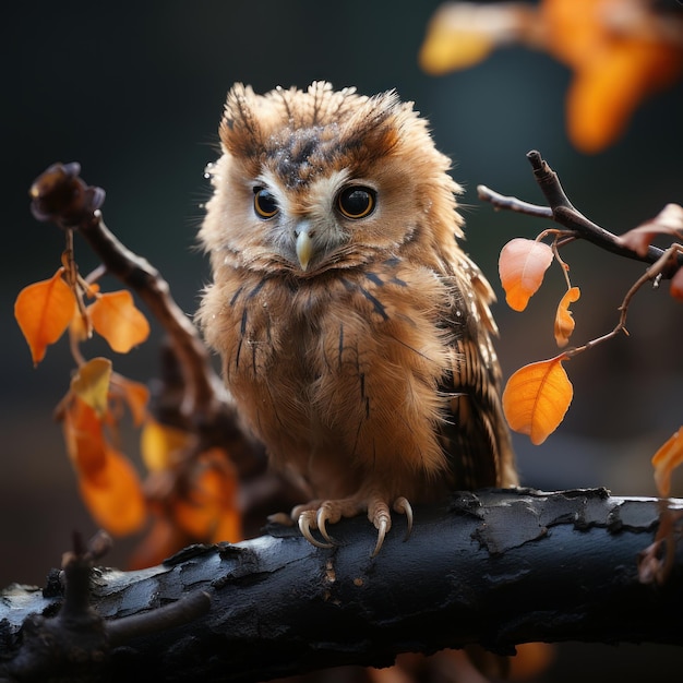 Photo of a baby owl perched on a branch