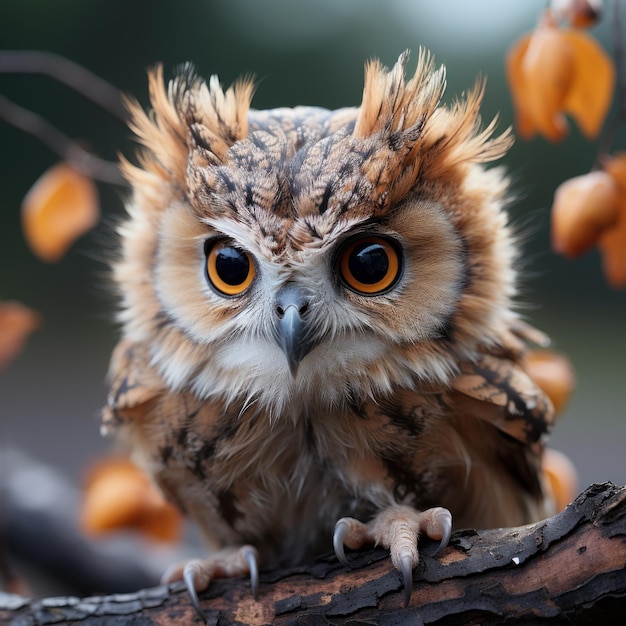 Photo of a baby owl perched on a branch