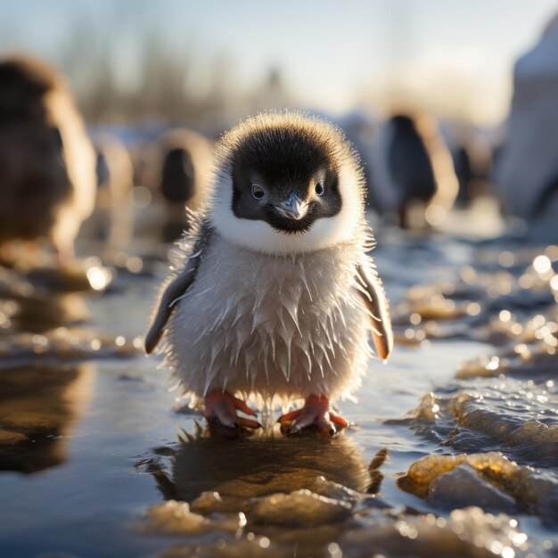 赤ちゃんのペンギンが氷の上を歩き回っている写真