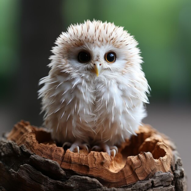 Photo of a baby puffball mushroomshaped owl chick Generative AI