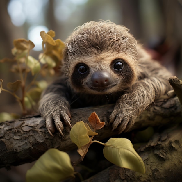 Photo of a baby sloth hanging from a tree branch