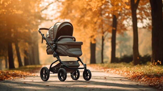 A photo of a baby stroller in a park