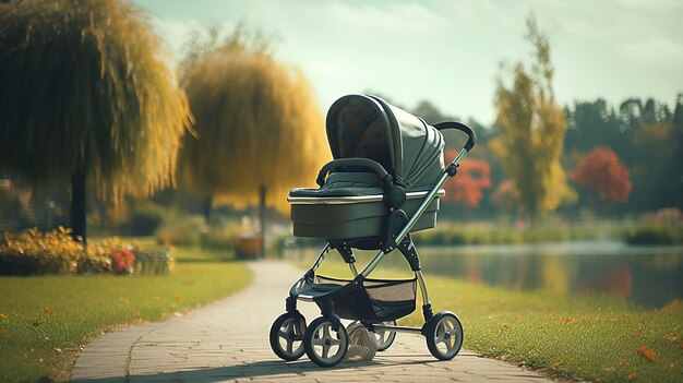 A photo of a baby stroller in a park