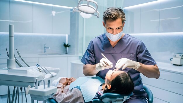 Photo of the back professional dentist man working with patient in modern clinic