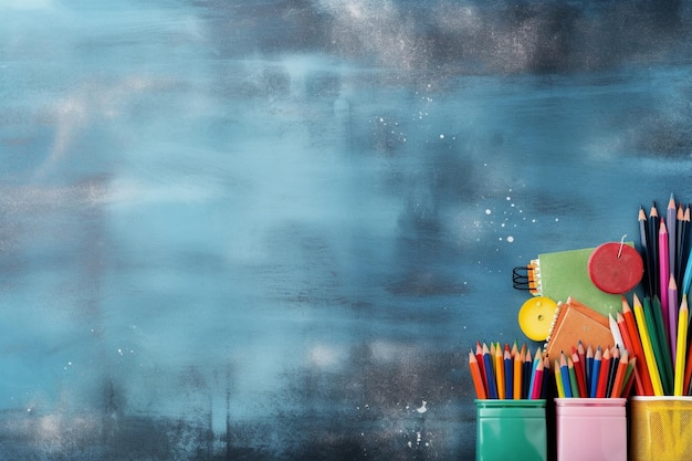 Foto sfondo di foto di ritorno a scuola con forniture scolastiche e spazio per copie