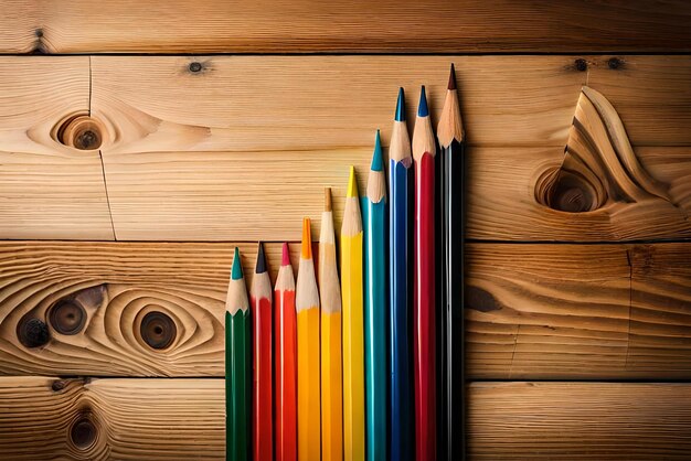 Photo back to school concept colored pencil and colorful school supplies on wooden table