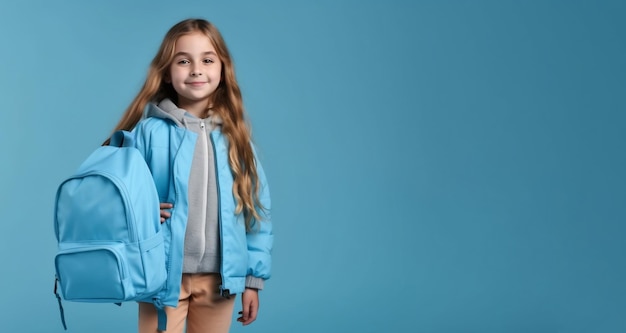 photo of back to school event with smiling girl with blue background and copy space Ai generated