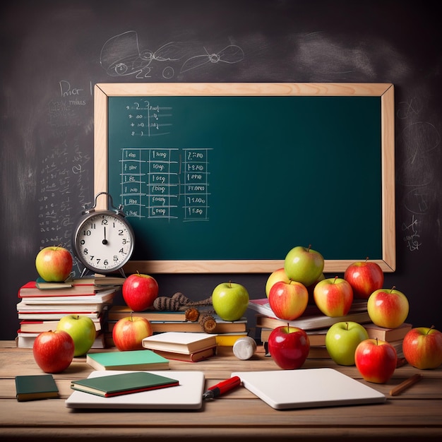 Photo back to school supplies and blackboard