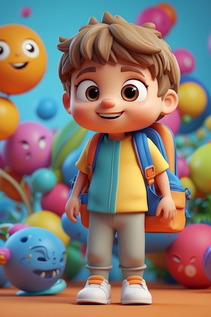 Фото Фото обратно в школу с игривым веселым 3d мультфильмом персонажа маленького мальчика на красочном фоне