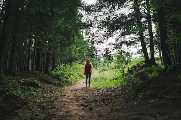 photo back view of a tall female traveler with backpack in a red waterproof jacket going up