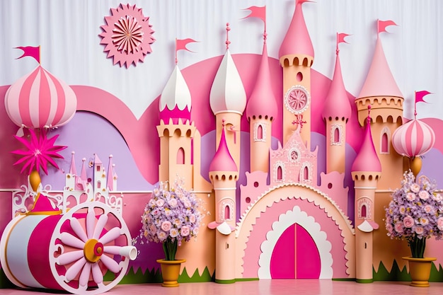 Photo backdrop fit for a princess complete with pink paper flowers gift boxes a wooden castle