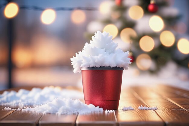 写真 写真の背景は床に雪が積もったクリスマスツリーです