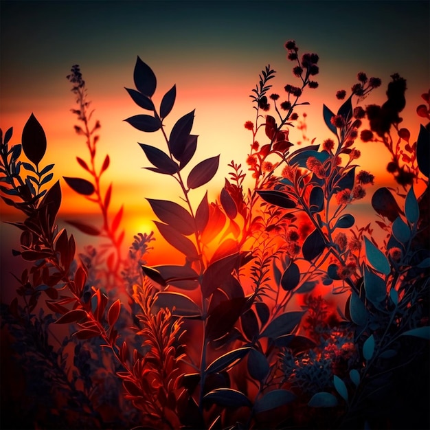 Photo background with wildflowers at sunset