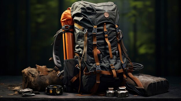 A photo of a backpack with outdoor adventure gear