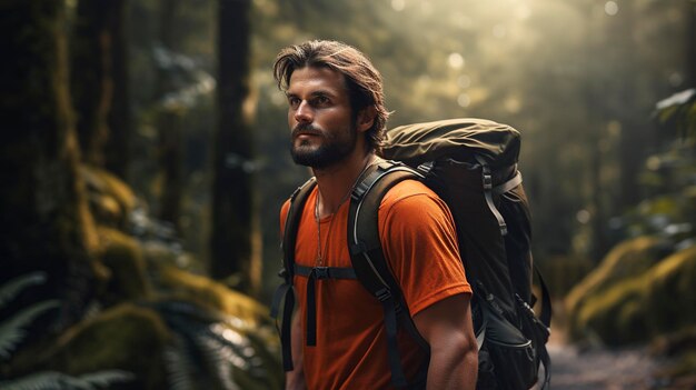 A photo of a backpacker in a forest