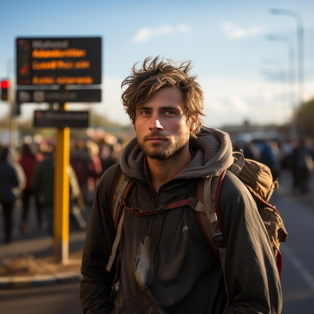 A photo of a backpacker holding a sign with the name of their desired destination standing at a busy