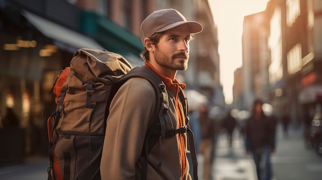 A photo of a backpacker in an urban setting