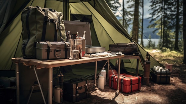 A photo of a backpackers camping setup