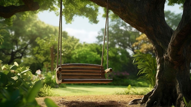 A photo of a backyard swing hanging from a tree