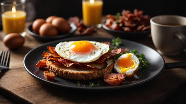 photo bacon and egg breakfast on wooden table