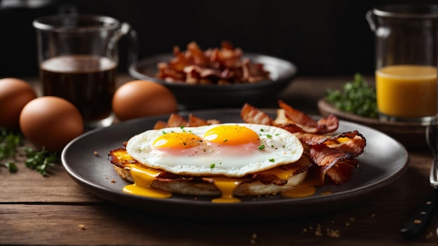 photo bacon and egg breakfast on wooden table