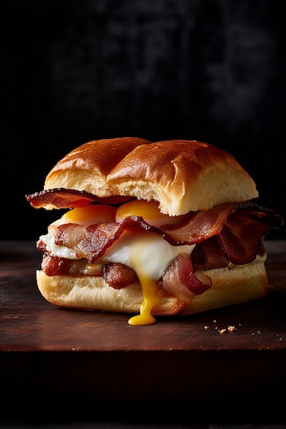 Photo A bacon egg and cheese breakfast sandwich on a wooden surface bacon egg hamburger