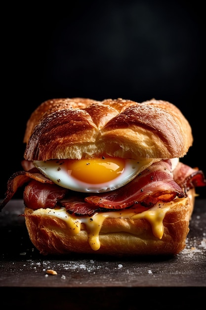 Foto un panino per la colazione con uova al bacon e formaggio su un hamburger di uova al bacon con superficie in legno