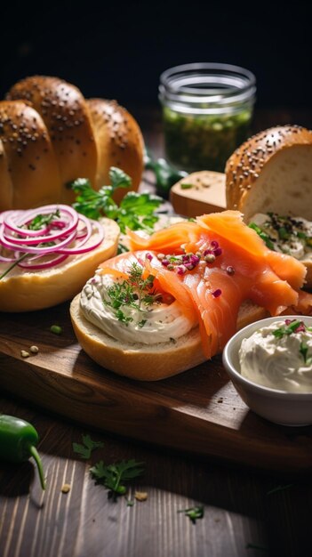 Photo photo bagel brunch spread featuring smoked salmon pickled cucumber and cream vertical mobile wallp