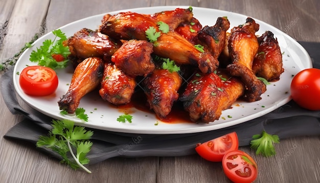 Photo baked chicken wings in the asian style and tomatoes sauce on plate