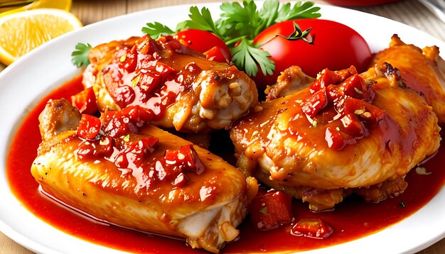 Photo baked chicken wings in the asian style and tomatoes sauce on plate