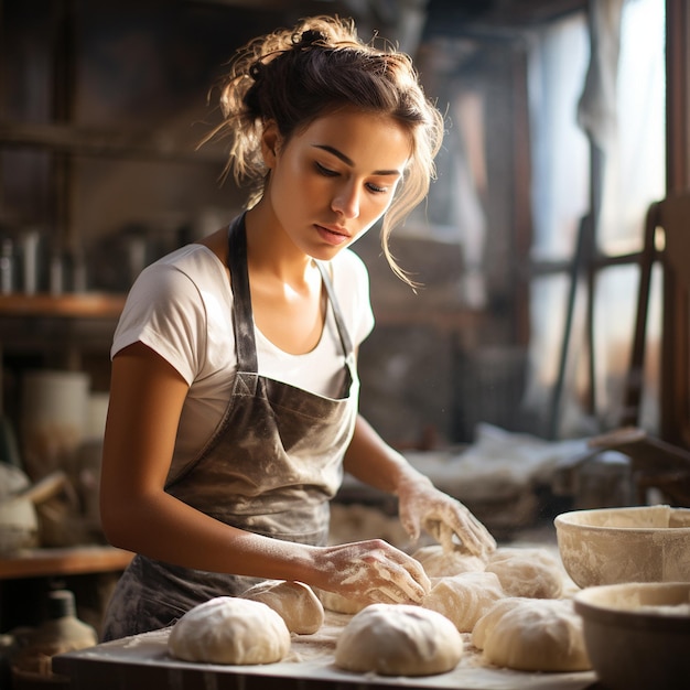 ショートヘアのパン屋が明るい光でパンを作っている写真