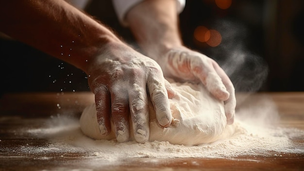 パン屋の手が粉を拭く写真