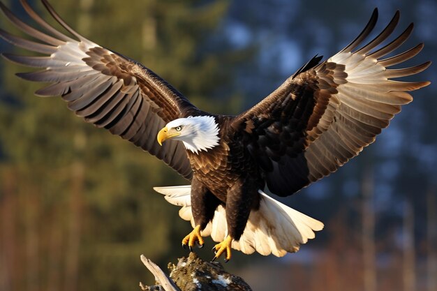 Photo of Bald Eagle with Wings HalfExtended Gliding Over a Meadow